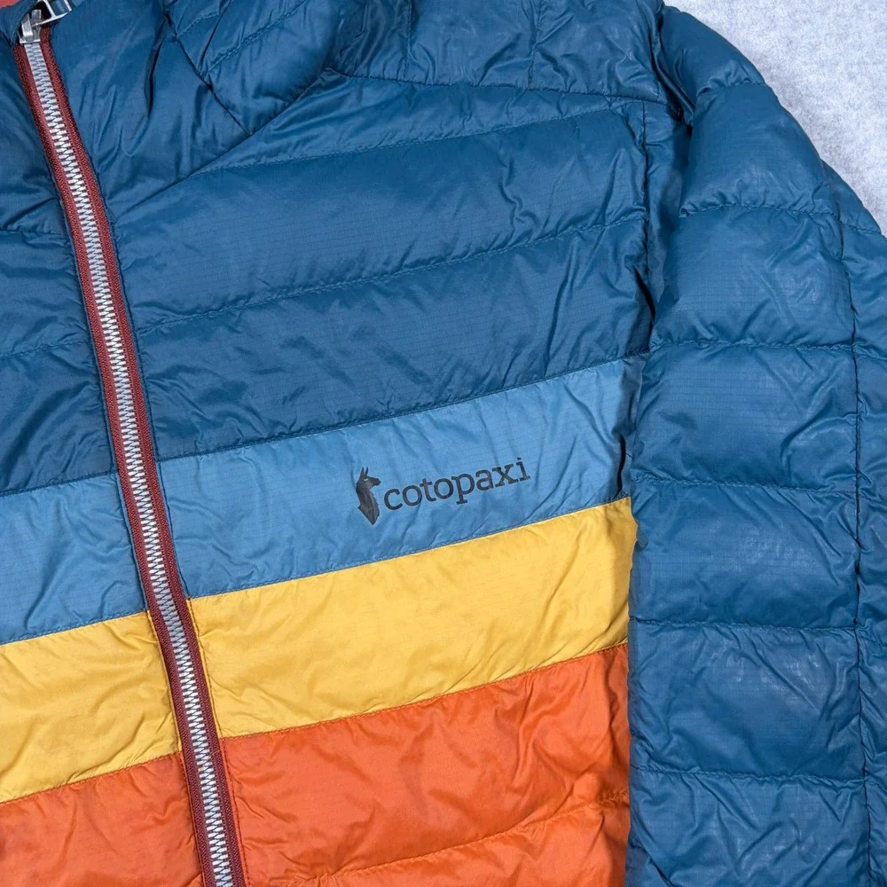 Cotopaxi Fuego Hooded Down Jacket Men Large Blue Orange Yellow Puffer Coat